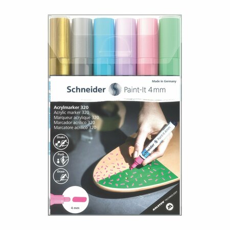 SCHNEIDER PEN Paint-It 320 Acrylic Markers, 4 mm Bullet Tip, Wallet, 6 Assorted Pastel Ink Colors 120296